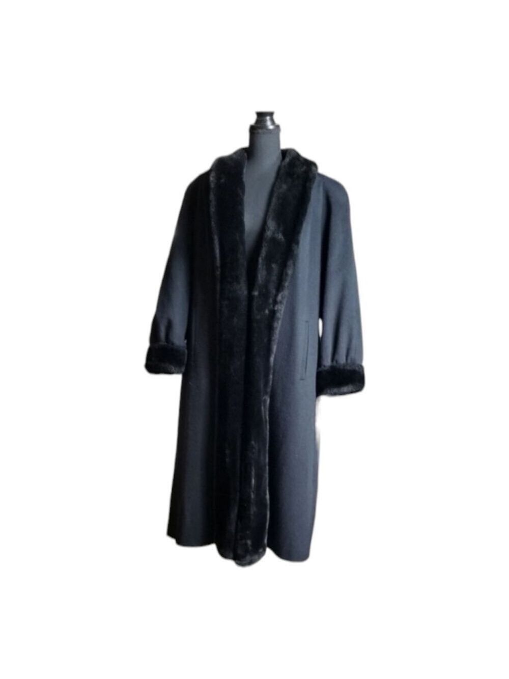 Alona Ladies Super Fina Black Wool with Fur trim Full Length Coat